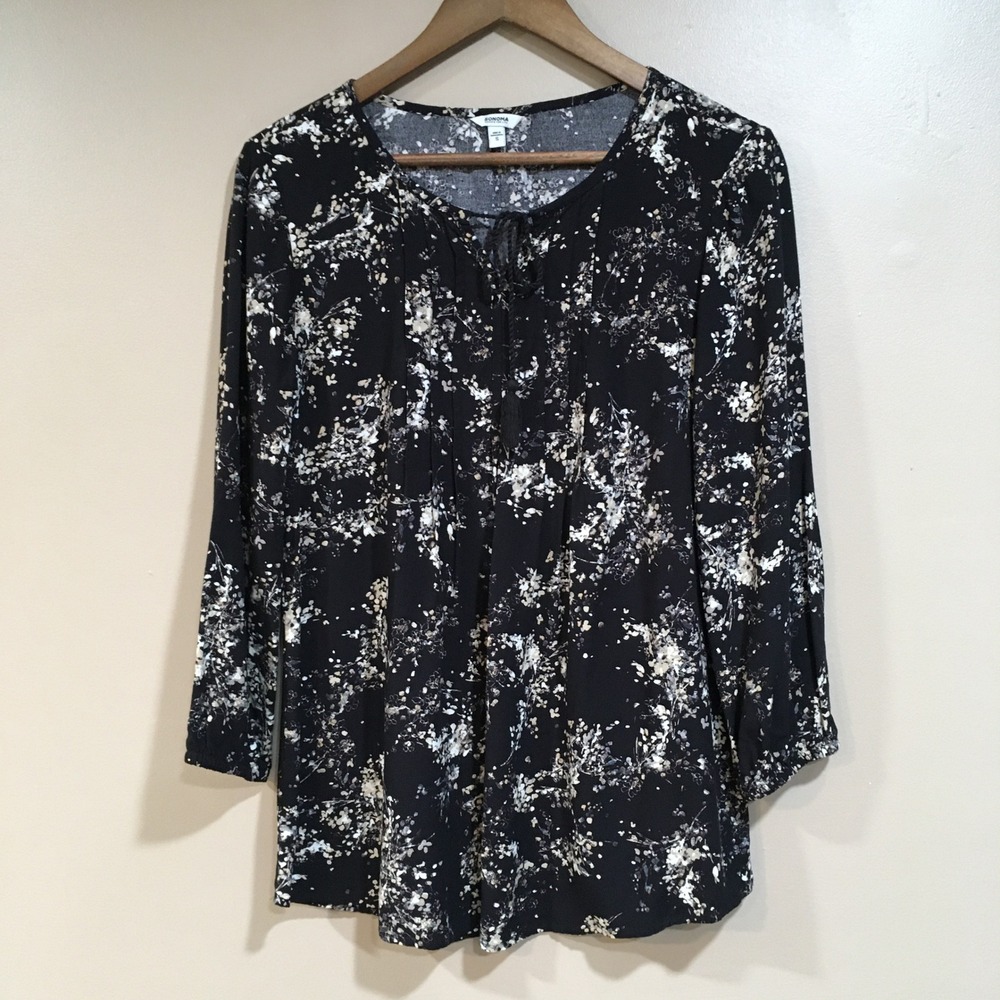 Sonoma Dark Floral Tassel Blouse Top Womens S Black Boho Celestial Whimsigoth